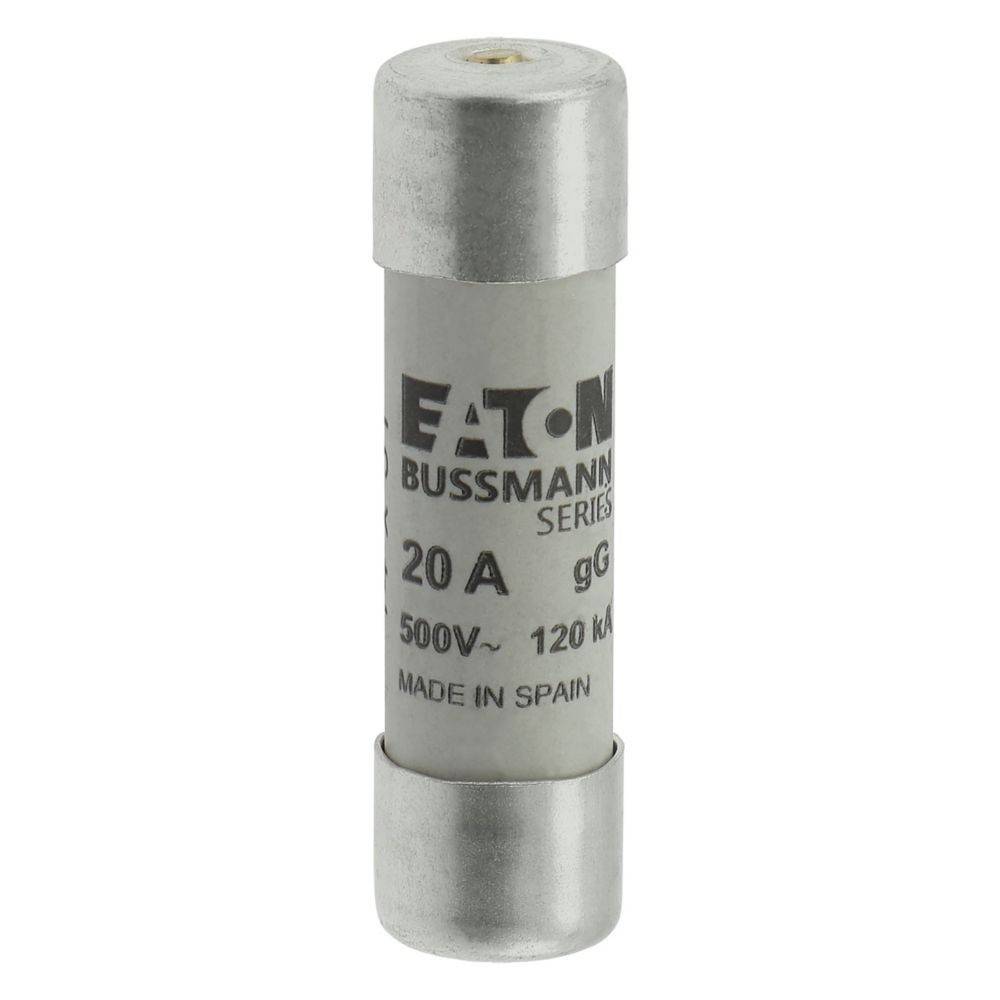Eine zylindrische Sicherung mit der Aufschrift 'Eaton Bussmann Serie, 20A, 500V, 120kA', hergestellt in Spanien. Silberne Enden mit einem weißen Körper, der Text zeigt.
