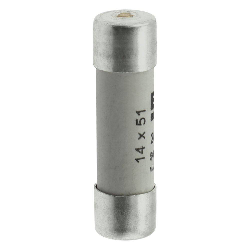 Eine zylindrische elektrische Sicherung mit Metallkappen an beiden Enden, gekennzeichnet mit '14 x 51'.