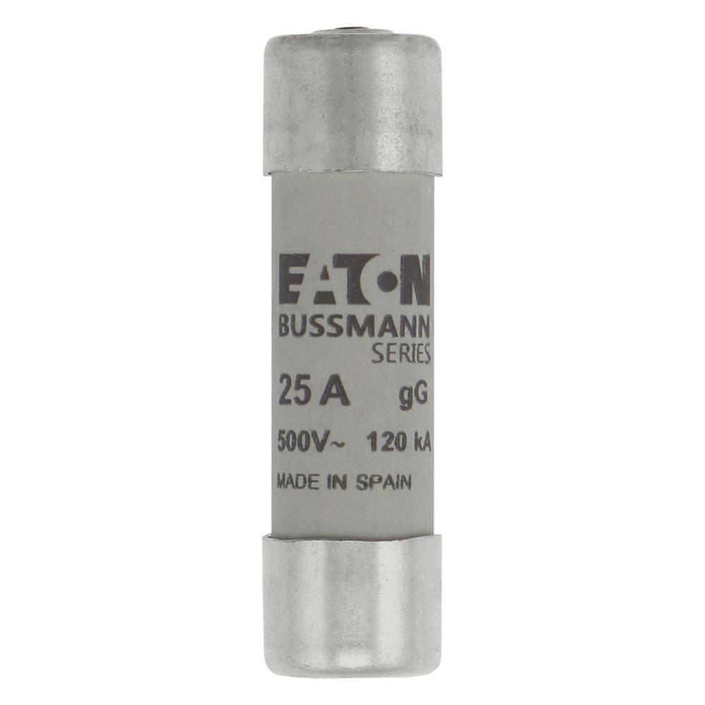 Eine zylindrische Sicherung mit der Beschriftung 'Eaton Bussmann Series, 25A, 500V, 120kA, gG, Made in Spain', die zum Schutz elektrischer Stromkreise verwendet wird.