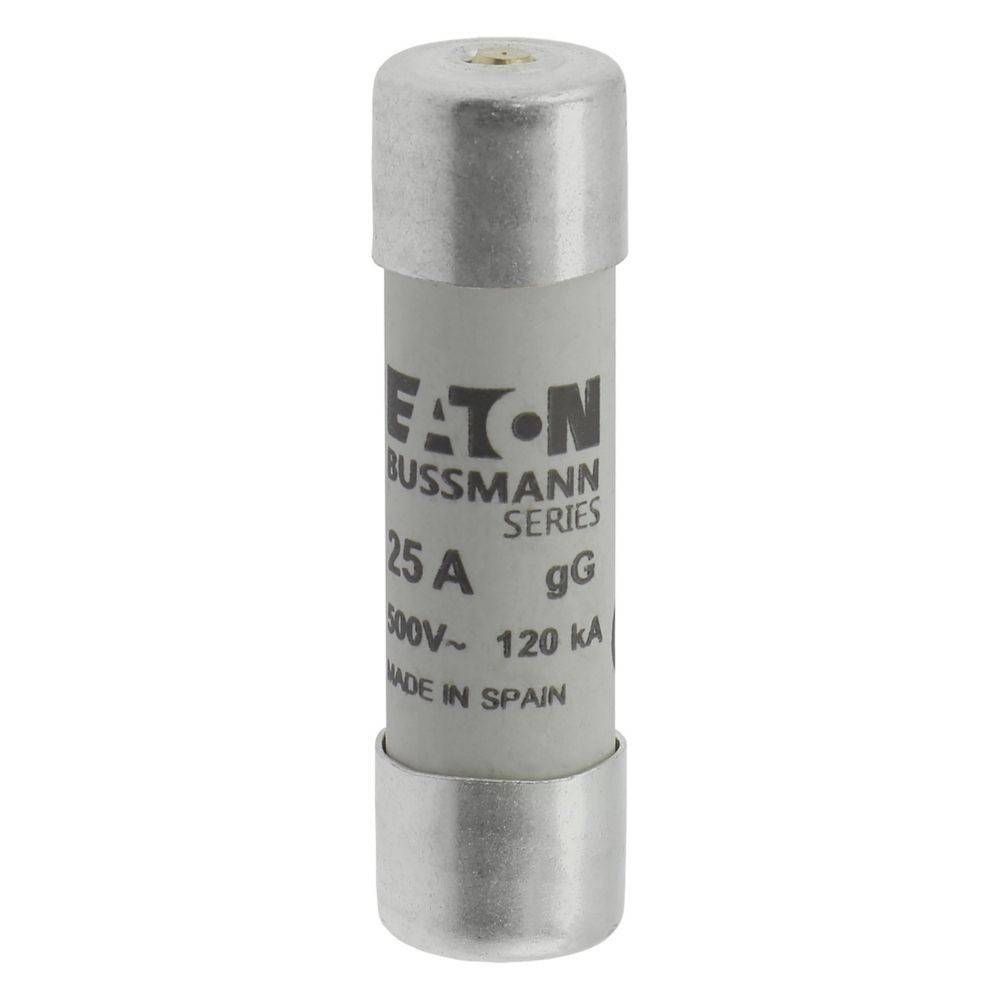 Eine zylindrische elektrische Sicherung mit der Beschriftung 'Eaton Bussmann Series', '25A', '500V-', '120kA', 'Hergestellt in Spanien'.