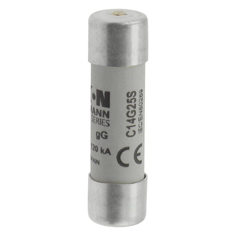 Eine zylindrische elektronische Sicherung mit der Bezeichnung 'gG 120 kA' und Metallkappen, konstruiert zum Schutz von Stromkreisen. Mit 'EATON' gekennzeichnet und CE-zertifiziert.