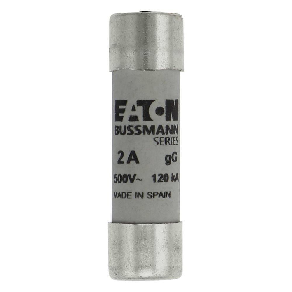 Eine zylindrische Eaton Bussmann Sicherung, ausgelegt für 2A und 500V, mit einer Unterbrechungskapazität von 120 kA. Hergestellt in Spanien.