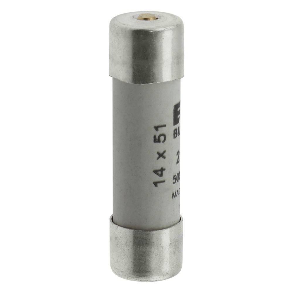 Ein zylindrischer Sicherungseinsatz mit der Bezeichnung 14 x 51, 500 Volt, mit silberfarbenen Endkappen.