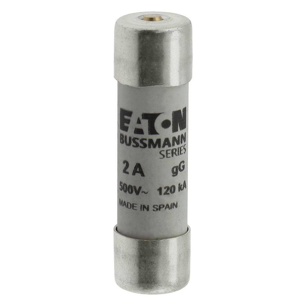 Eine Zylindersicherung der Eaton Bussmann-Reihe, 2A, 500V, 120kA, mit der Aufschrift „Made in Spain