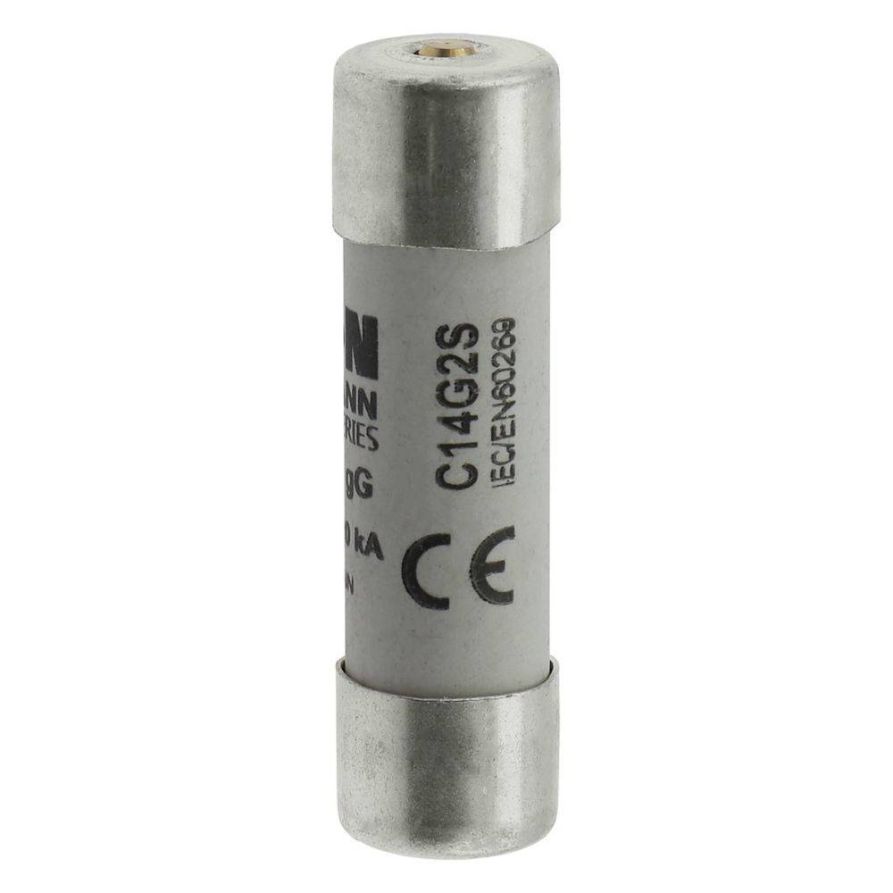Eine zylindrische Keramik-Sicherung mit der Kennzeichnung 'C14G2S' und '10A 500V', mit Metallanschlüssen an beiden Enden, verwendet zum Schutz elektrischer Stromkreise.