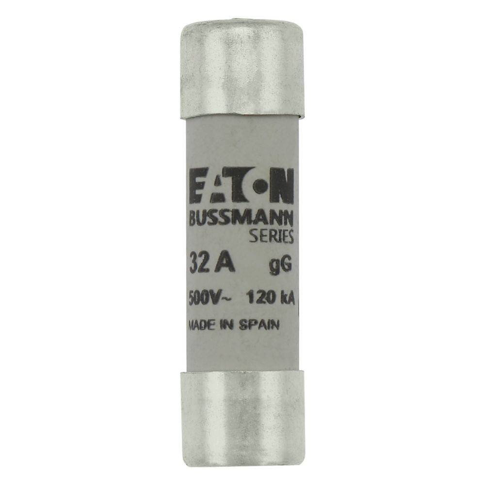 Eine Zylindersicherung mit dem Text 'Eaton Bussmann Serie, 32A, gG, 500V, 120kA, Hergestellt in Spanien' zur Angabe der Spezifikationen.