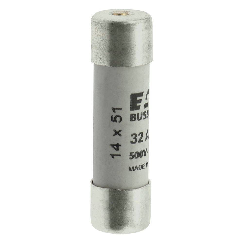 Eine Zylindersicherung mit der Beschriftung '14 x 51', '32A', '500V~', hergestellt an einem nicht näher bezeichneten Ort.