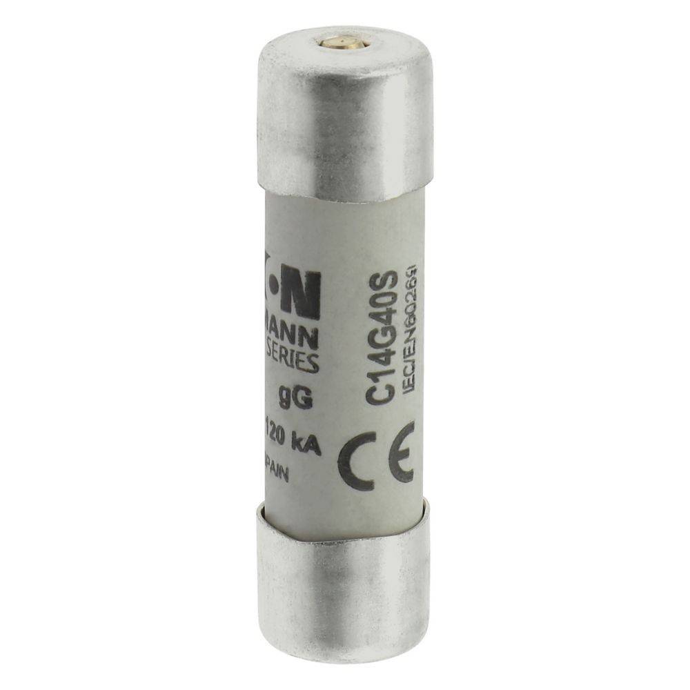 Ein zylindrischer Sicherungseinsatz mit der Bezeichnung 'Eaton Bussmann Serie C14G40S', ausgelegt für 120 kA, 690V AC, mit CE-Symbol, mit silberfarbenen Endkappen.