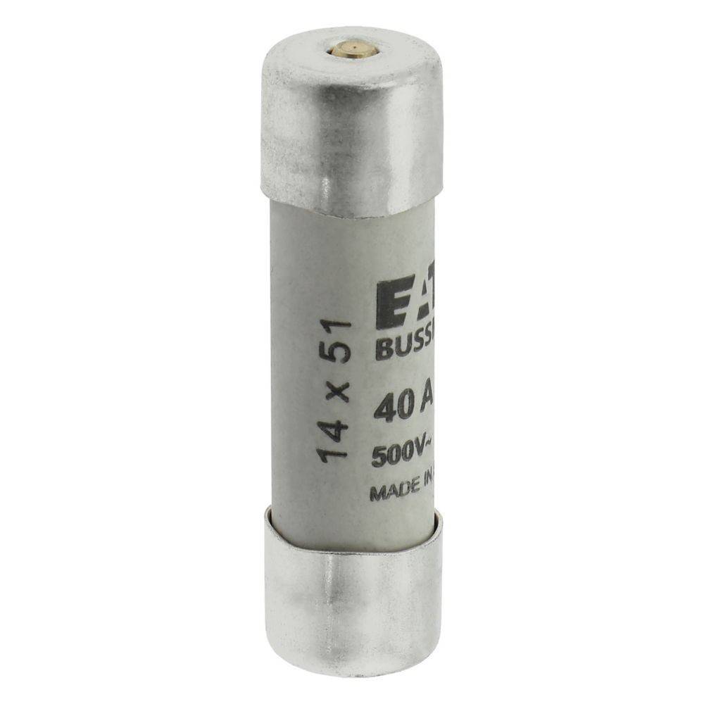 Eine Zylindersicherung mit der Beschriftung 'Eaton Bussmann 40A 500V', die für elektrischen Schutz konzipiert ist und Metallendkappen sowie einen Keramikkörper aufweist.
