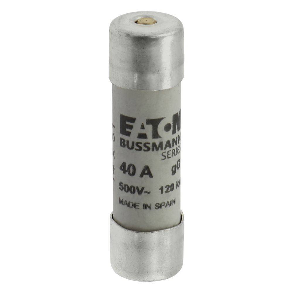 Eine Zylindersicherung mit der Beschriftung ‚Eaton Bussmann Serie', ausgelegt für 40A und 500V, mit dem Aufdruck ‚Made in Spain' auf dem Gehäuse.