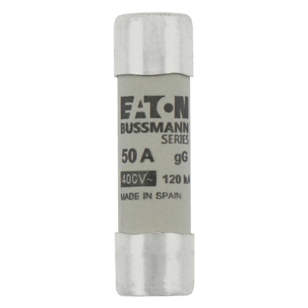 Eine Zylindersicherung mit der Markierung 'Eaton Bussmann Serie 50A, 400V, 120kA, gG', die Spezifikationen und das Herkunftsland 'Made in Spain' anzeigt.