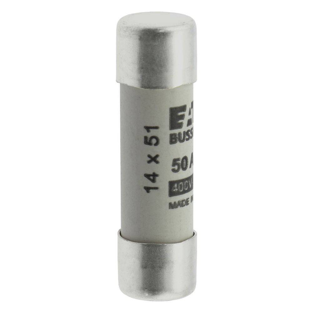 Eine Zylindersicherung mit der Beschriftung '50A, 14x51, MADE IN USA' mit Metallkappen an beiden Enden, die zum Schutz elektrischer Stromkreise verwendet wird.