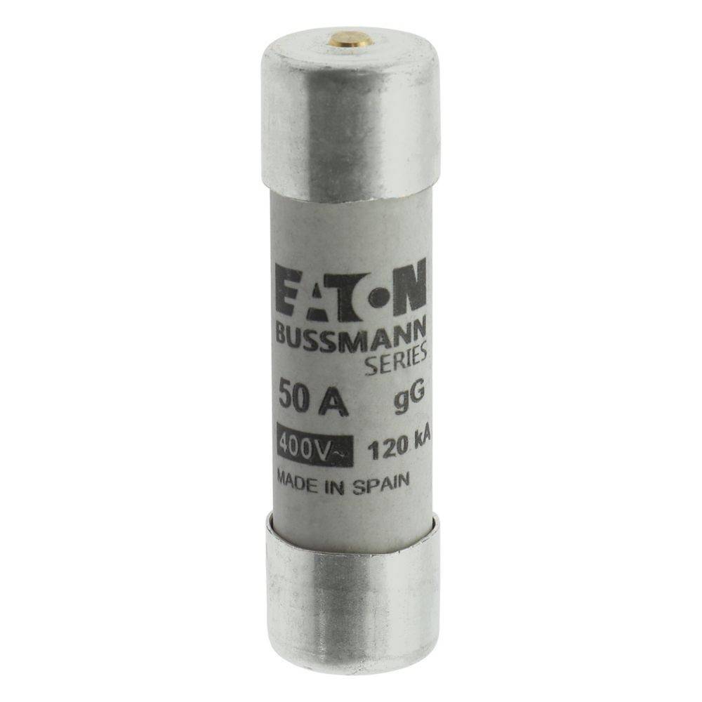 Zylindrische Sicherung mit Etikett Eaton Bussmann Serie, 50 A, 400 V, 120 kA, Hergestellt in Spanien.