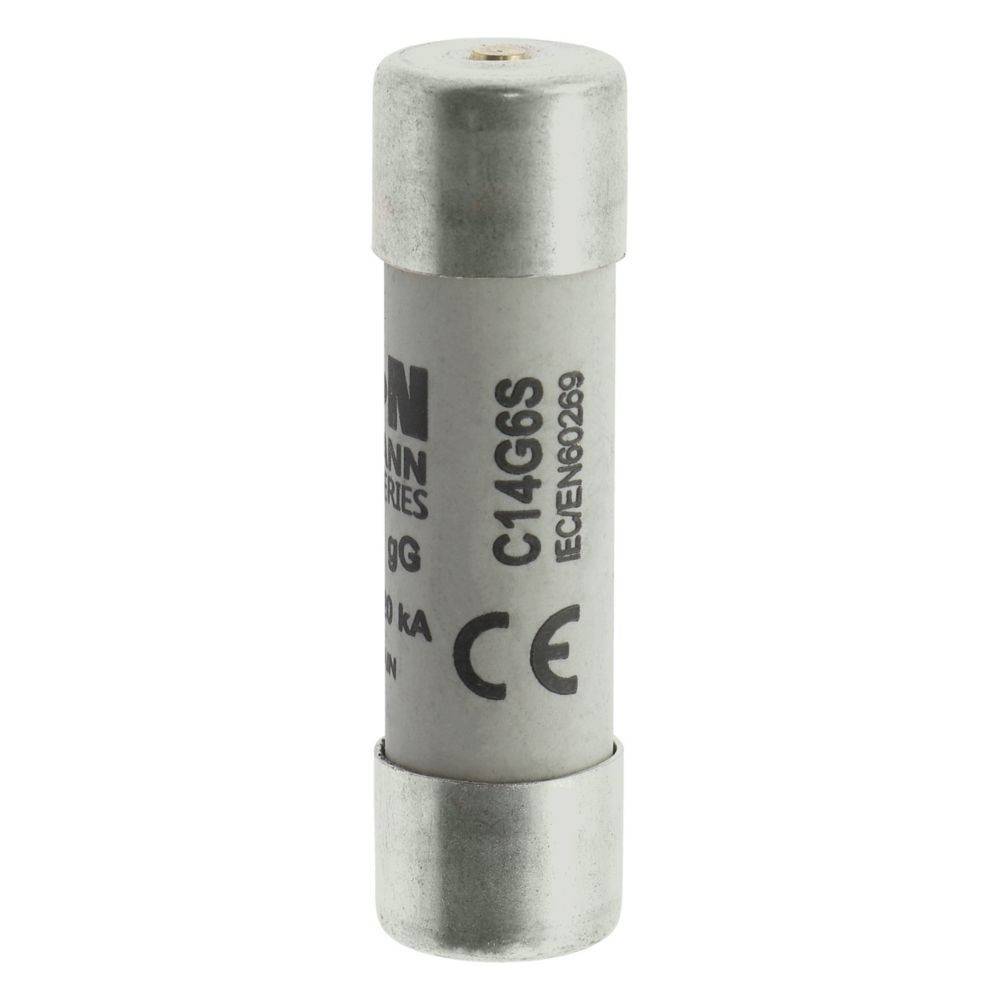 Kleine zylindrische Sicherung mit der Aufschrift 'C14G6S' und einem CE-Zeichen.