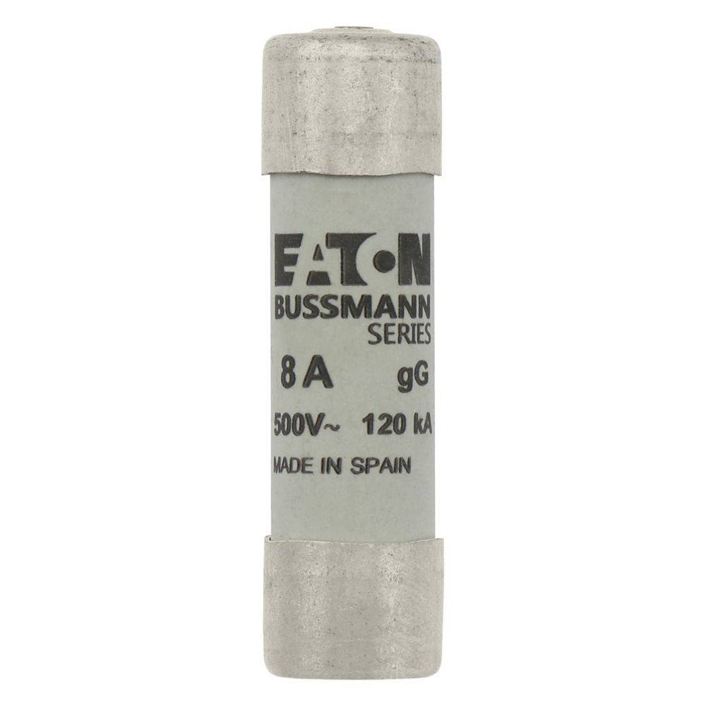 Ein zylindrischer Eaton Bussmann Sicherungseinsatz mit der Markierung '8A gG, 500V~, 120kA, Made in Spain'.