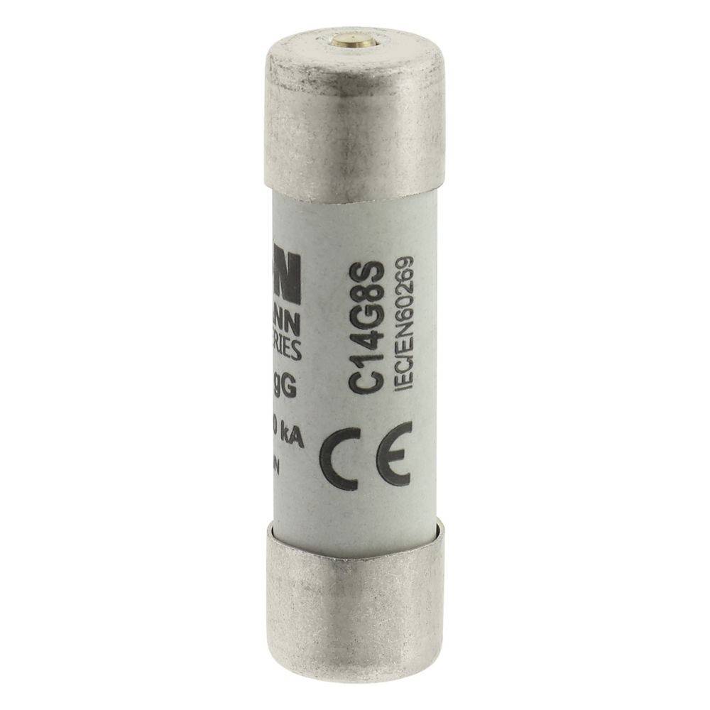 Eine Zylindersicherung mit der Markierung 'C14G8S' und dem CE-Symbol. Sie ist Teil einer Reihe, die für elektrische Sicherheit entwickelt wurde, mit Metallkappen an beiden Enden.