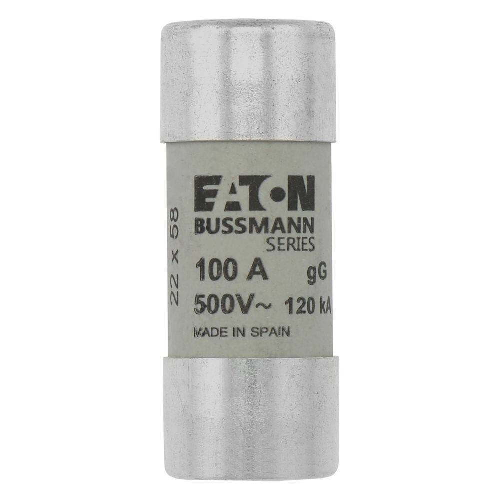 Eine Zylindersicherung mit der Beschriftung 'Eaton Bussmann Series, 100 A, 500V~, 120 kA, Made in Spain, 22 x 58, gG' mit silbernen Endkappen.