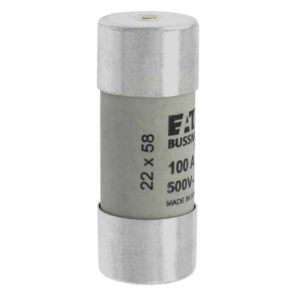 Eine zylindrische elektrische Sicherung mit der Beschriftung 'EATON BUSSMANN 100A 500V', mit silberfarbenen Endkappen und grauem Körper, misst 22x58 mm.