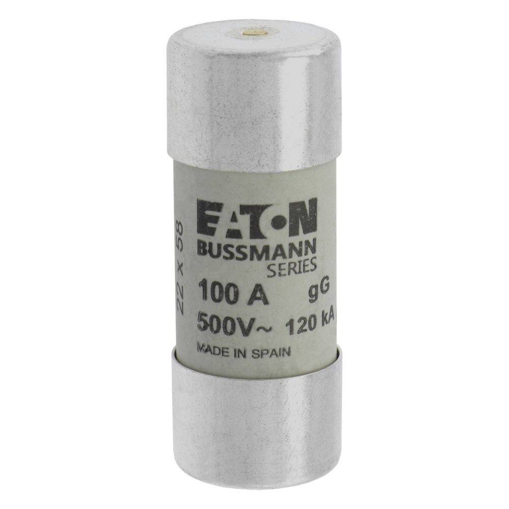 Eine Zylindersicherung mit der Bezeichnung 'Eaton Bussmann Series', ausgelegt für '100 A', '500V', '120 kA', mit dem Text 'Made in Spain'.