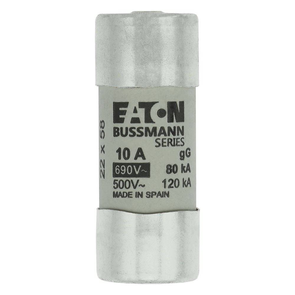 Sicherung mit Beschriftung 'Eaton Bussmann Series', 10A, 690V, 80kA, 500V~, 120kA, hergestellt in Spanien.