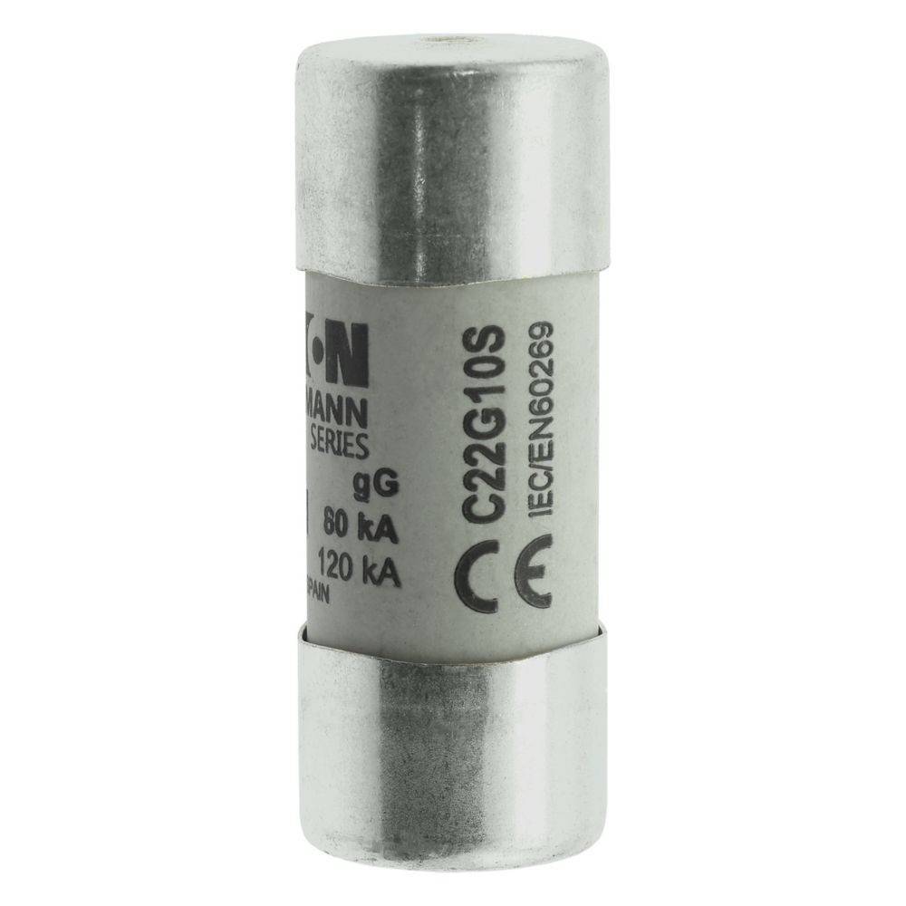 Silberne zylindrische elektrische Sicherung mit der Beschriftung 'Eaton', ausgelegt für 60 kA und 120 kA, mit Modellnummer C22G10S und CE-Konformitätszeichen.
