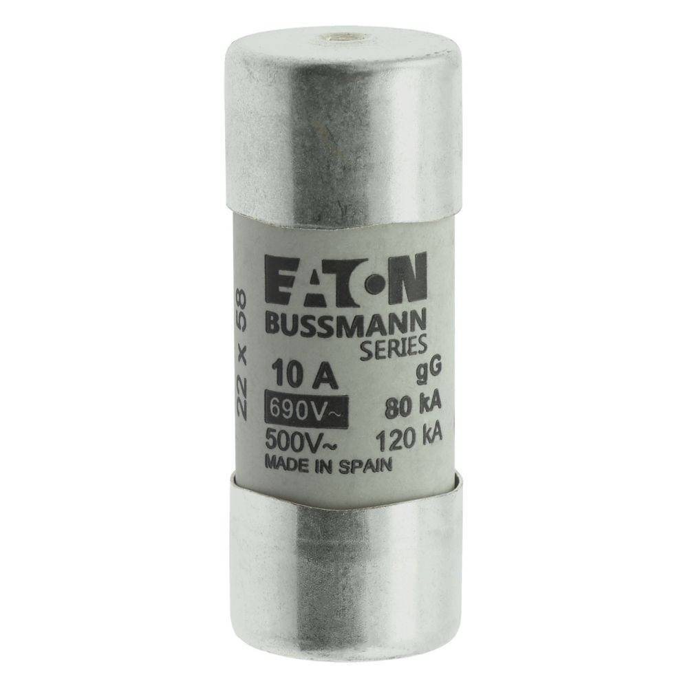 Ein zylindrischer Eaton Bussmann-Sicherungseinsatz mit 10A, 690V, 500V~ Nennwerten. Er kann Kurzschlussströme von bis zu 80kA und Stoßströme von 120kA bewältigen. Hergestellt in Spanien.