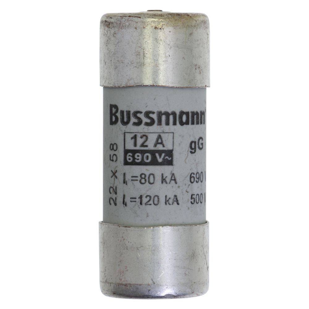 Ein zylindrischer Bussmann-Sicherungseinsatz, gekennzeichnet mit '12 A, 690 V', mit den Spezifikationen 'I=80 kA, I=120 kA'.