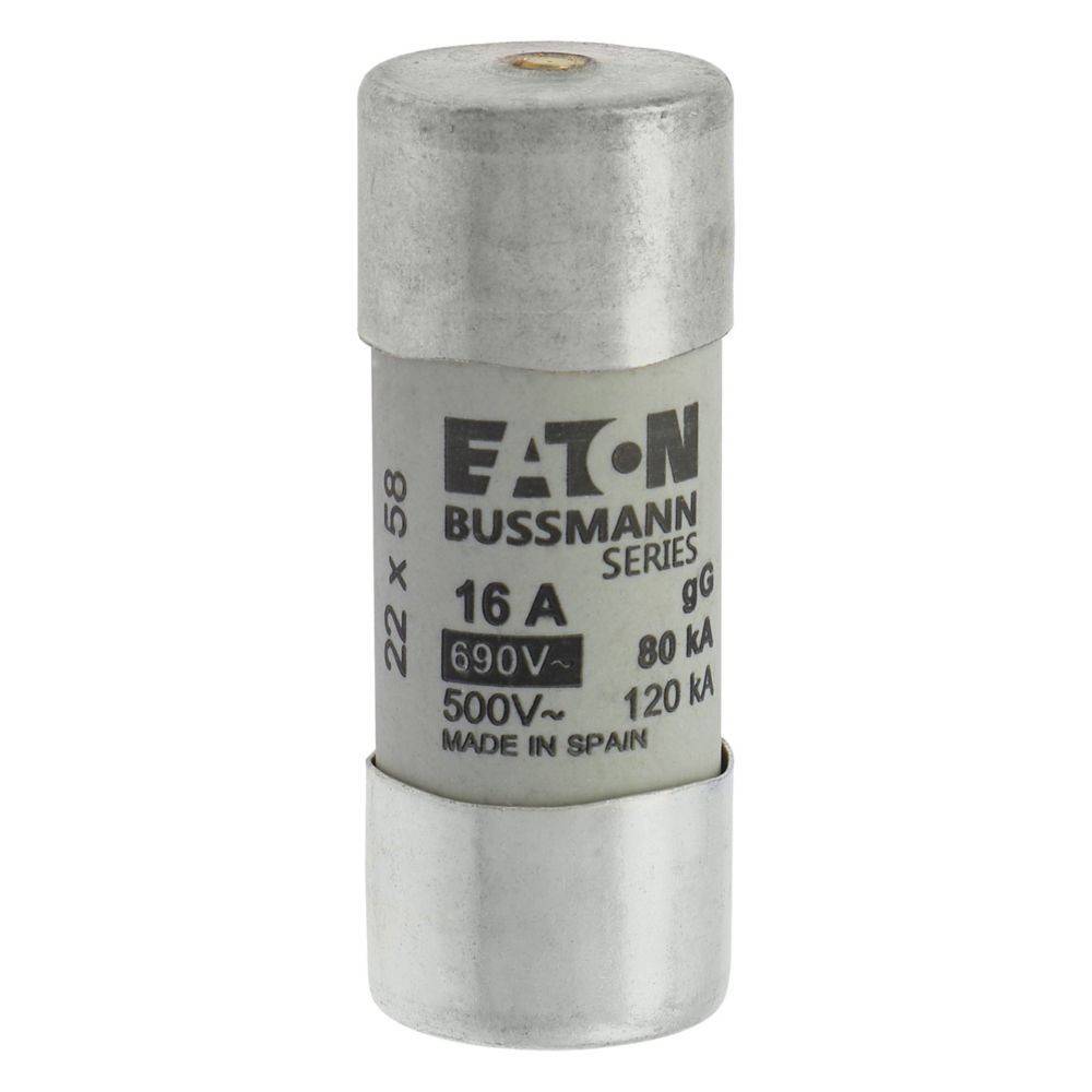Eine zylindrische Eaton Bussmann Sicherung, beschriftet mit '16 A, 690V, 500V~, 80kA, 120kA, MADE IN SPAIN', verwendet für elektrische Sicherheit.