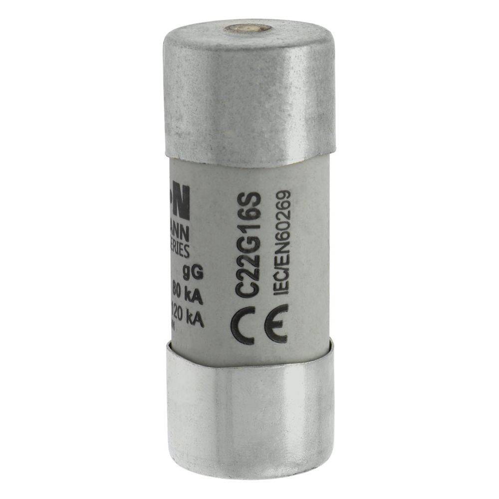 Eine zylindrische elektrische Sicherung mit Metallenden, seitlich mit 'C22G16S' und '80kA, 120kA' gekennzeichnet, die zum Schutz von Stromkreisen verwendet wird.