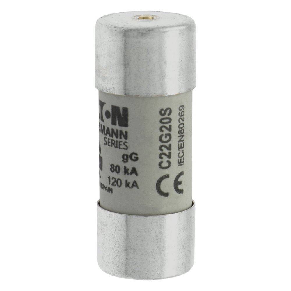 Eine zylindrische elektrische Sicherung mit Metallkappen an beiden Enden, mit den Spezifikationen: '80 kA' und '120 kA' sowie Zertifizierungszeichen.
