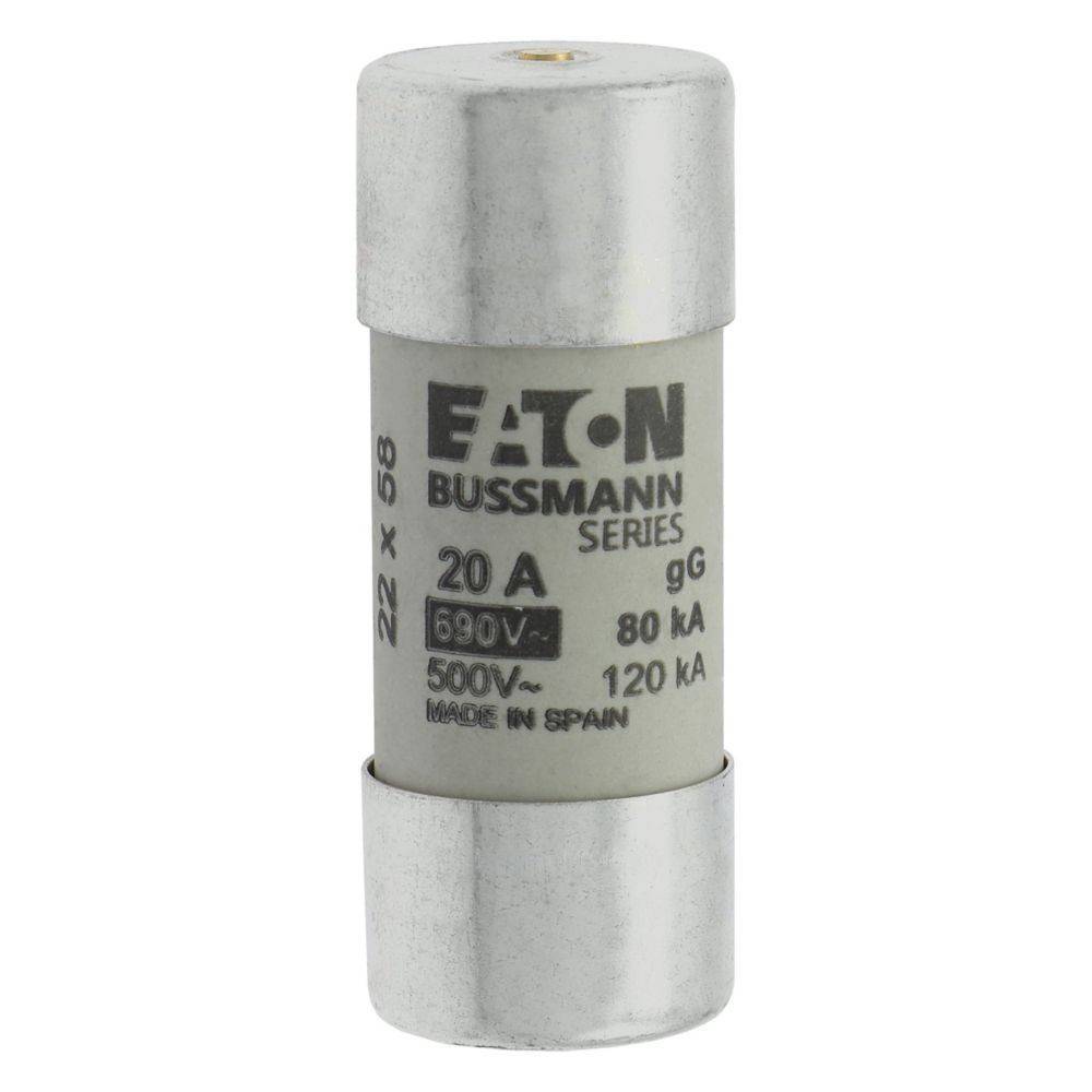 20A 690V Sicherung aus der Eaton Bussmann-Reihe, zylindrische Form mit Metallenden, verwendet für elektrischen Überstromschutz.