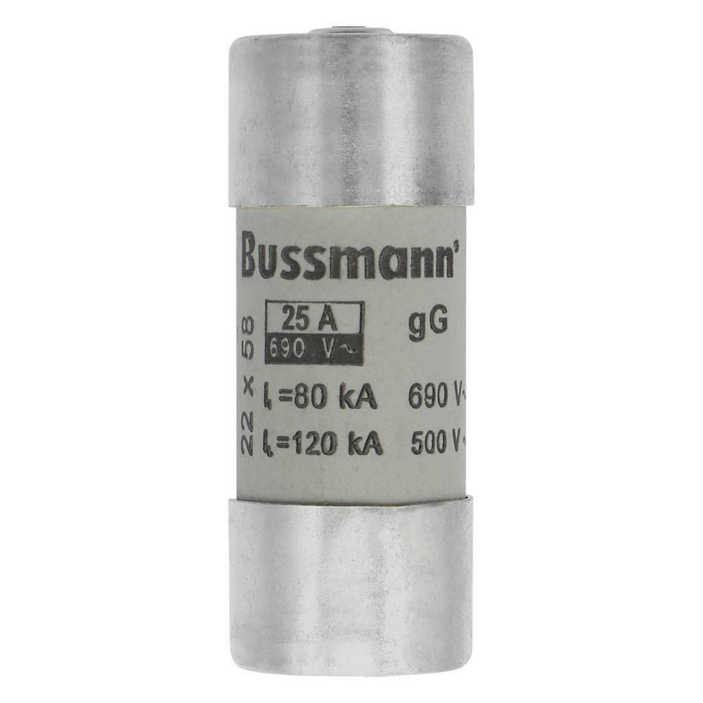Eine zylindrische Bussmann-Elektrische Sicherung, ausgelegt für 25 A bei 690 V, mit hochkapazitiven Unterbrechungswerten, die auf der Oberfläche gekennzeichnet sind.
