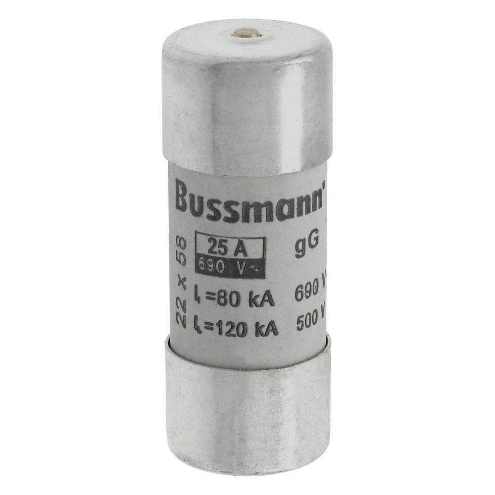 Eine Zylindersicherung mit der Beschriftung 'Bussmann 25 A, gG, 690 V', die für den elektrischen Leitungsschutz konzipiert ist und Spannungs- und Stromstärkeangaben zeigt.