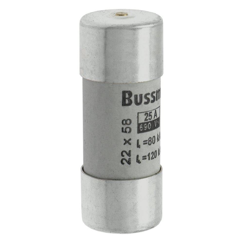 Eine zylindrische Bussmann-Sicherung mit Metallenden, gekennzeichnet mit '25 A, 690 V'. Ausgelegt zum Schutz elektrischer Schaltkreise, mit den Abmessungen 22 x 58 mm.