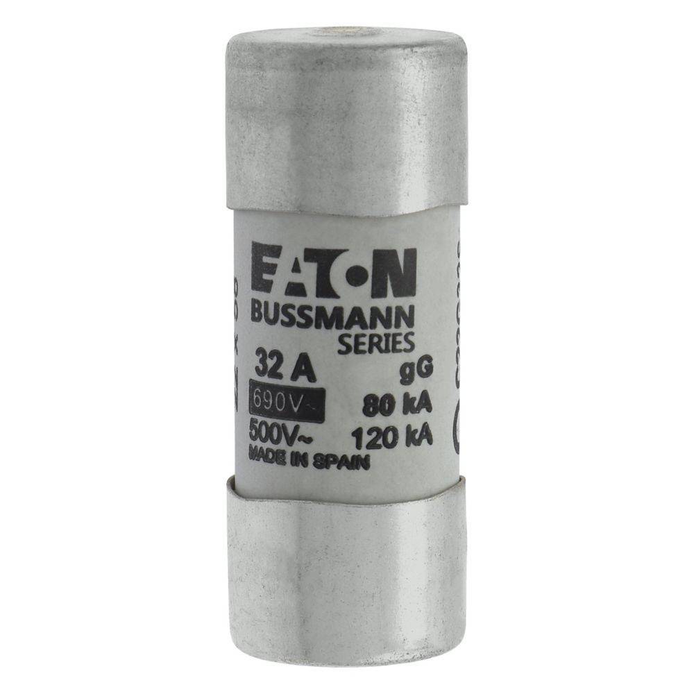 Ein zylindrischer elektrischer Sicherungseinsatz, beschriftet mit 'EATON Bussmann Series', 32A, 690V, 500V~120kA, 80kA, hergestellt in Spanien, konzipiert für Stromkreisschutz.