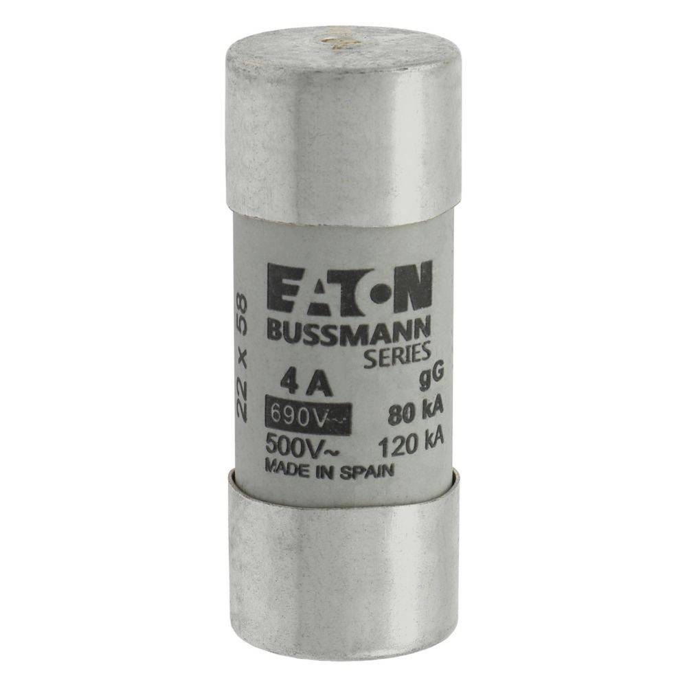 Eaton Bussmann Sicherung, 4A, max. 690V, bewertet für 500V~, 80kA, 120kA, Größe 22x58, hergestellt in Spanien.