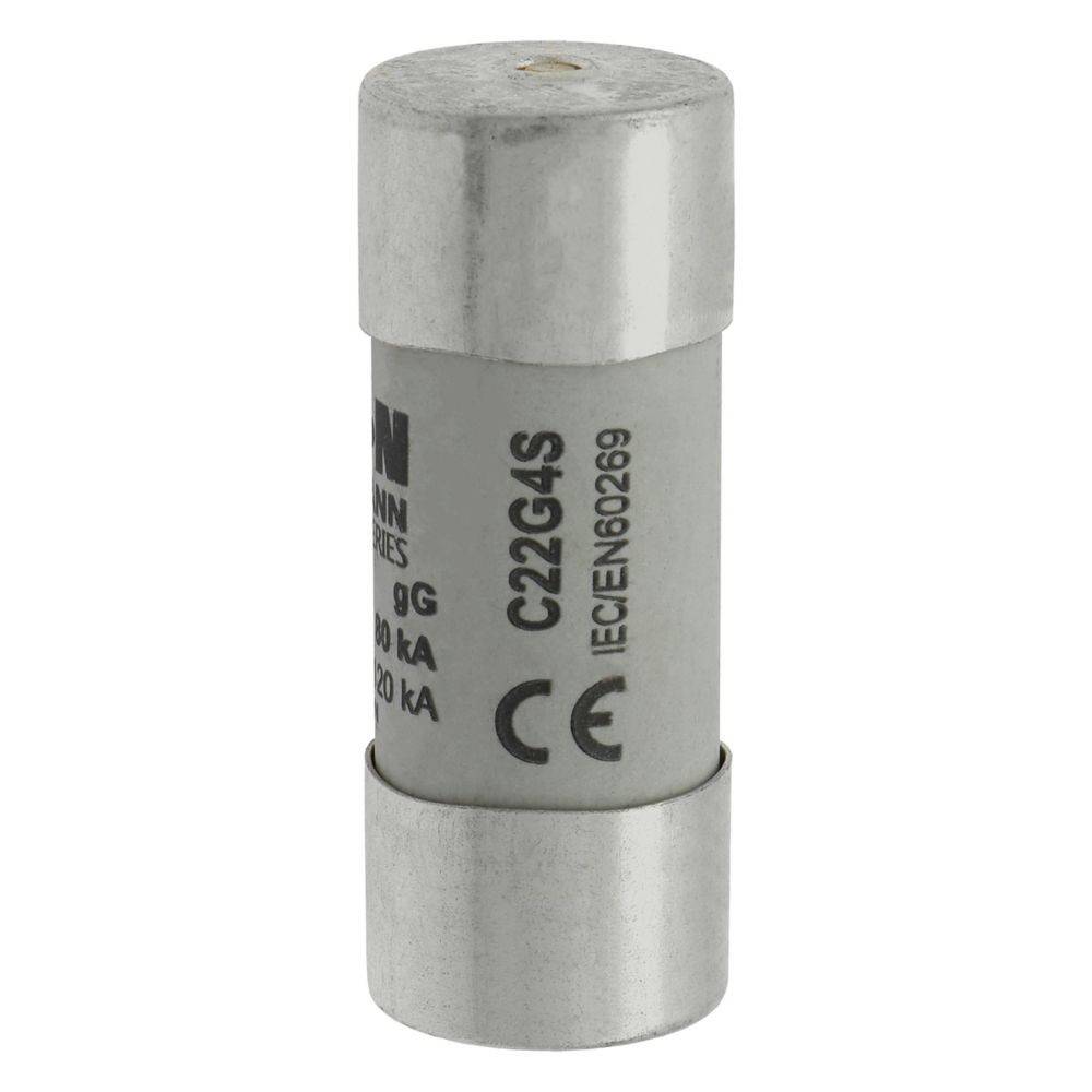 Eine Zylindersicherung mit metallischen Endkappen, die Spezifikationen wie 'C22G4S' und Konformitätszeichen wie 'CE' und 'IEC 60269' aufweist.