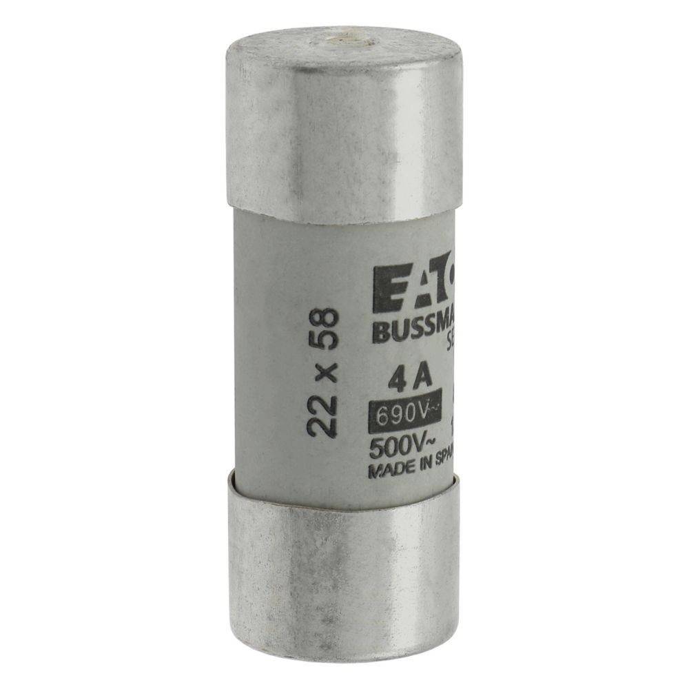 Ein zylindrischer Sicherungseinsatz mit der Aufschrift 'Eaton Bussmann', mit einer Nennstromstärke von 4A, 690V, 500V, mit den Abmessungen 22x58 mm, 'Made in Spain'.