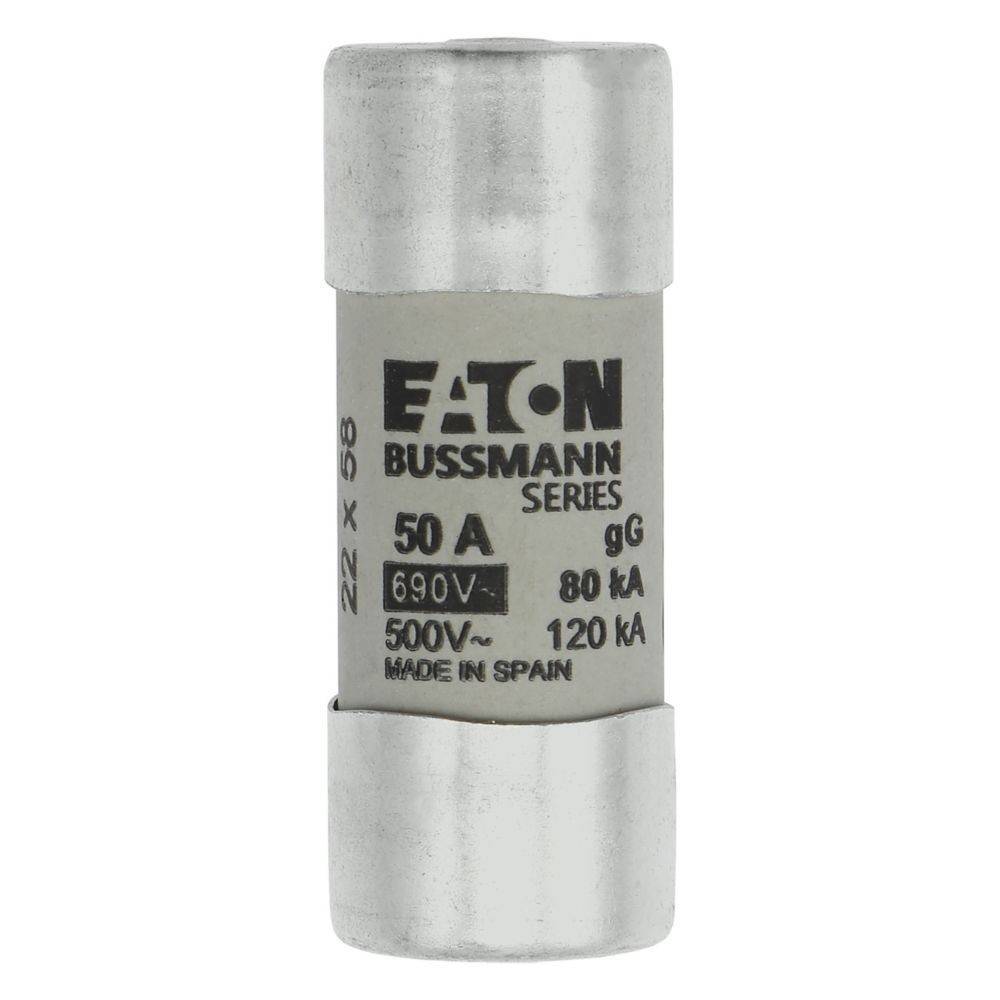 Eine zylindrische elektrische Sicherung mit der Beschriftung 'Eaton Bussmann Serie 50A, 690V, 500V~, 80kA, 120kA' mit dem Text 'Made in Spain'.