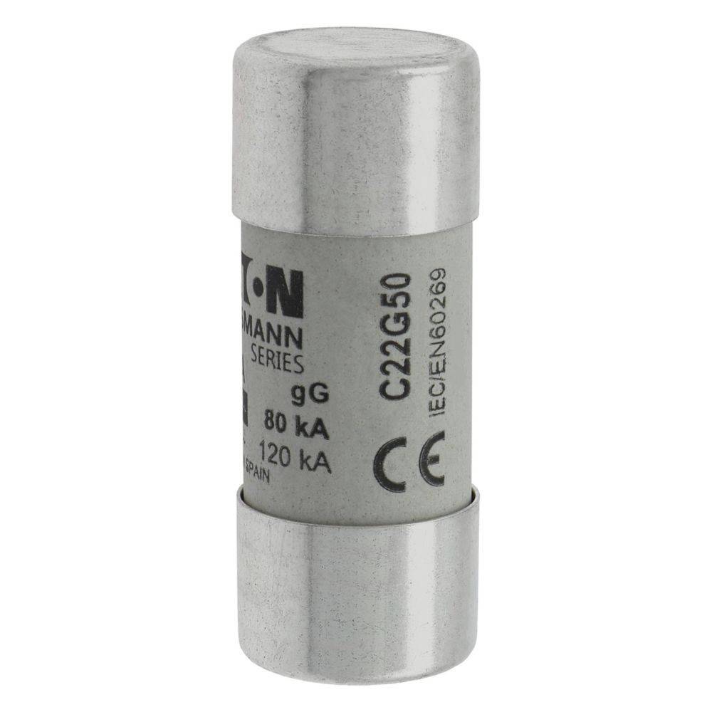 Eine zylindrische elektrische Sicherung mit der Bezeichnung 'EATON C22G50' und Metallkappen. Markierungen zeigen die 'gG'-Serie, '80 kA', '120 kA', IEC-Standards an.
