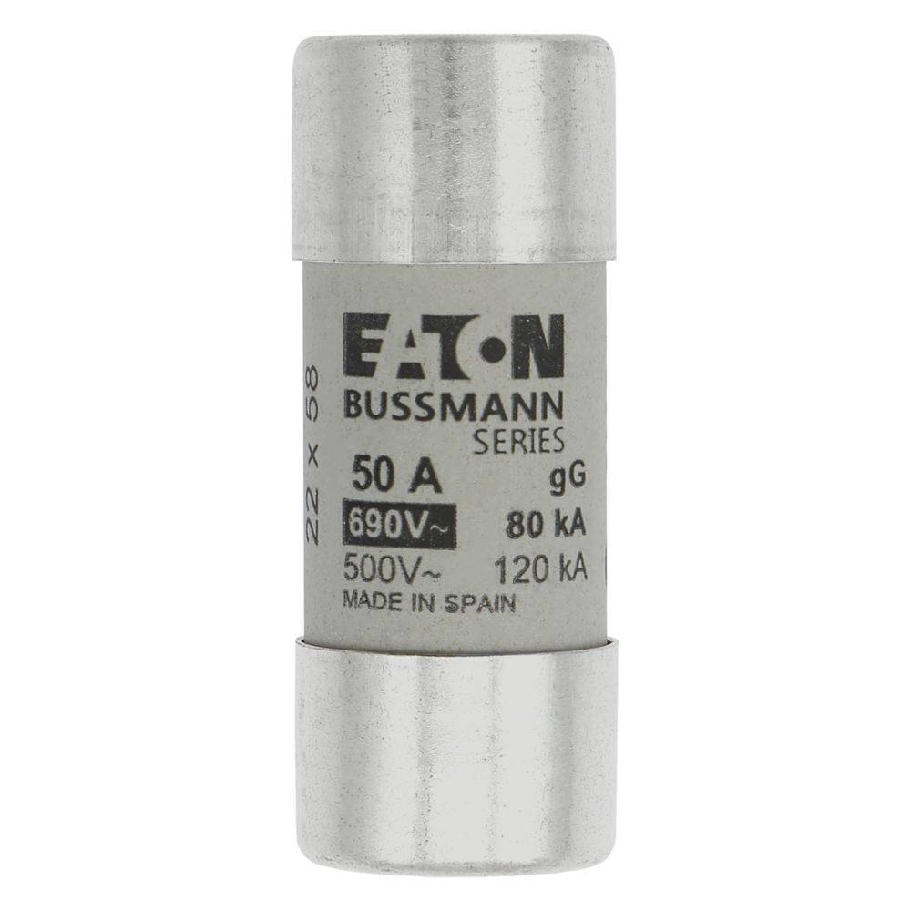 Ein grauer Eaton Bussmann Sicherungseinsatz, beschriftet mit '50 A, 690V, 80kA' für elektrische Schaltkreise. Hergestellt in Spanien.