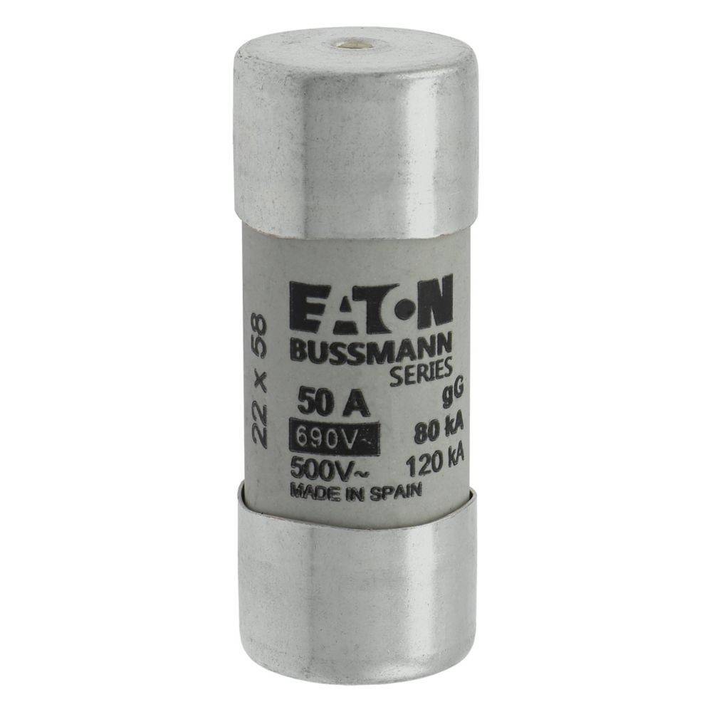 Eine zylindrische Eaton Bussmann Sicherung, mit einer Nennstromstärke von 50 A, 690V, 80 kA, mit dem Aufdruck 'Made in Spain', wahrscheinlich für den elektrischen Leitungsschutz.