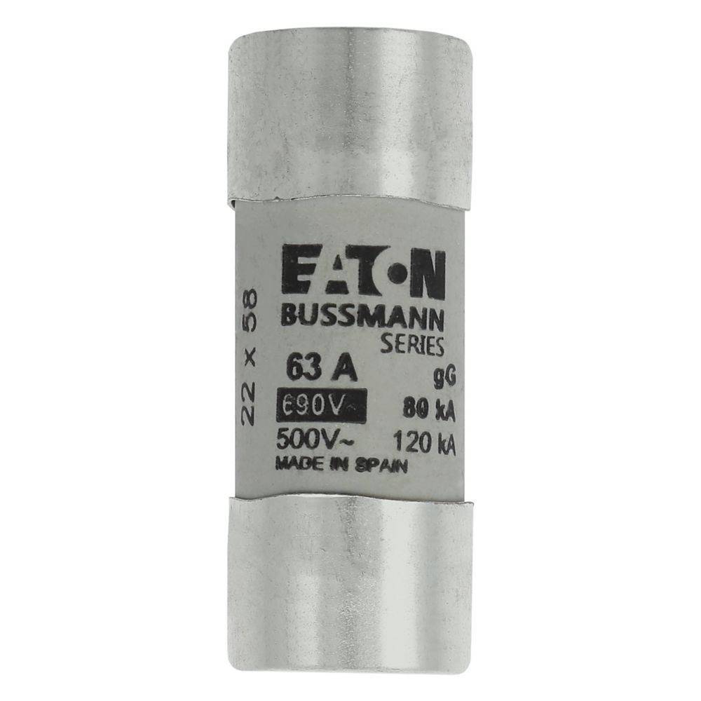 Eine silberne Zylindersicherung mit der Beschriftung 'Eaton Bussmann Serie 500V 63A'.