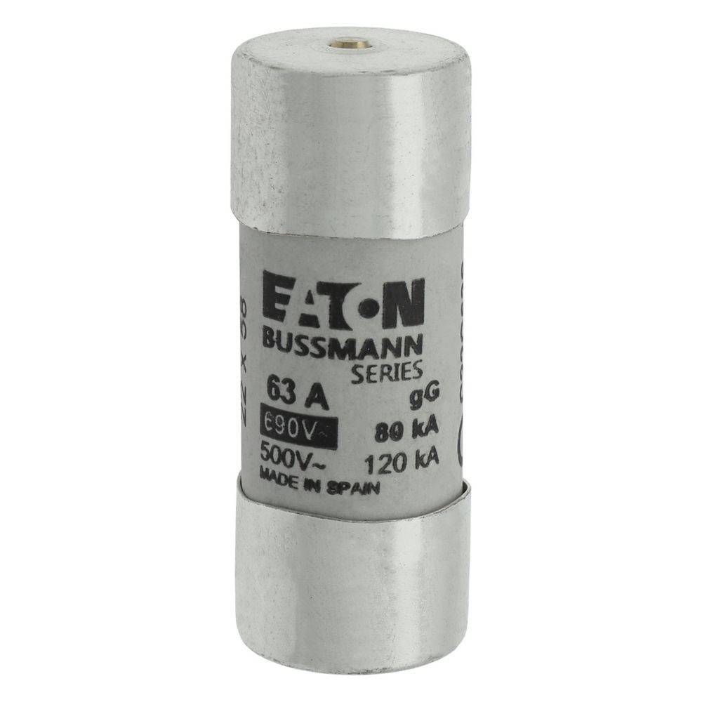 Eine zylindrische elektrische Sicherung mit der Bezeichnung 'Eaton Bussmann Series, 63A, 500V'.