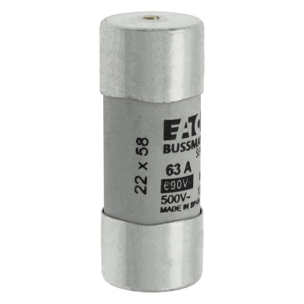 Eine zylindrische Sicherung mit der Bezeichnung 'Eaton Bussmann-Serie' mit den Spezifikationen '63A, 500V'.