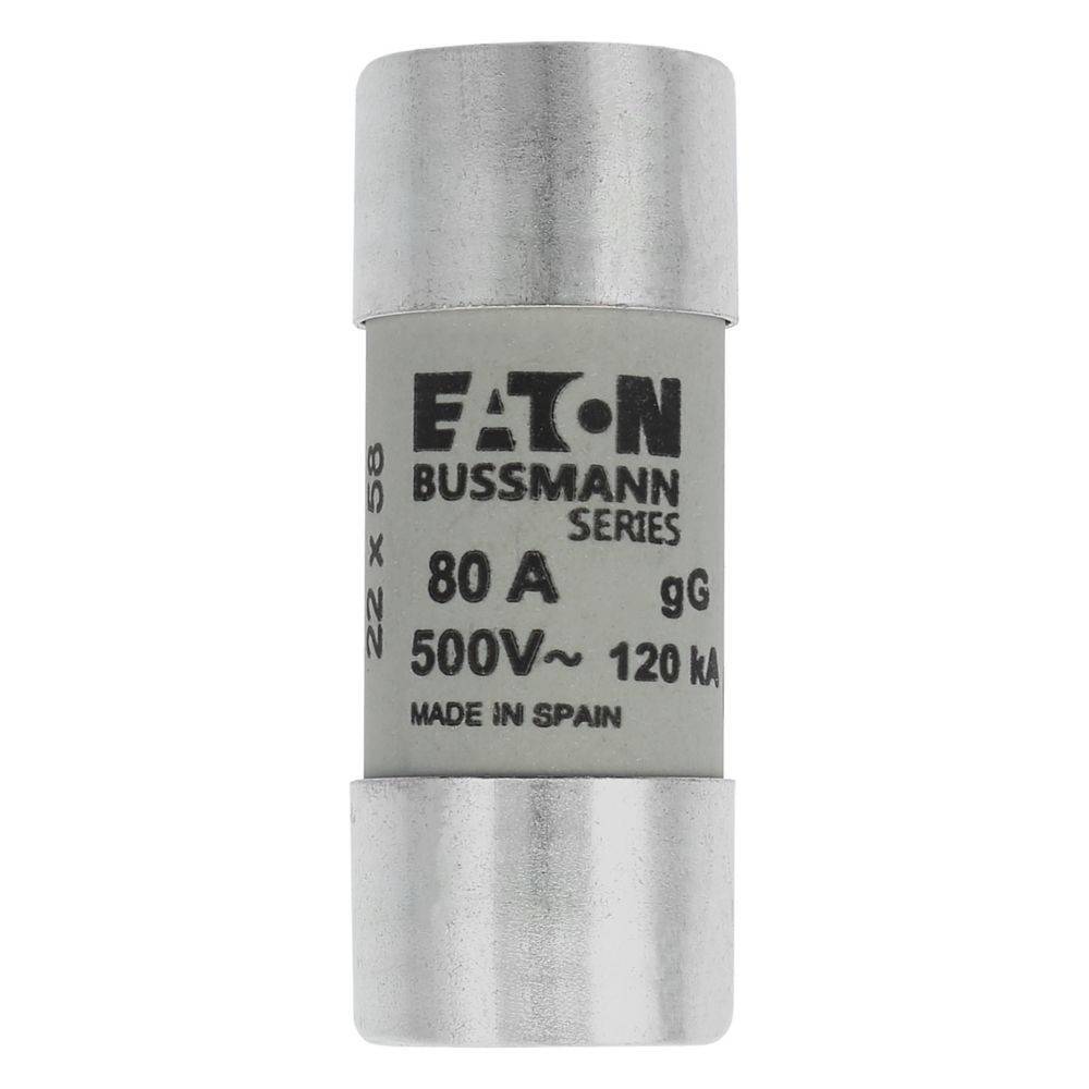 Eine graue Eaton Bussmann Series Sicherung, beschriftet mit '80 A 500V~ 120 kA', mit silbernen Endkappen; Text 'MADE IN SPAIN' sichtbar.