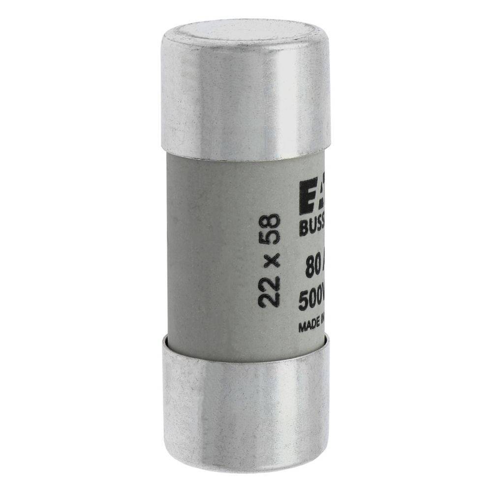Eine Zylindersicherung mit freiliegenden Metallenden. Die Beschriftung lautet „22 x 58, 80A, 500V