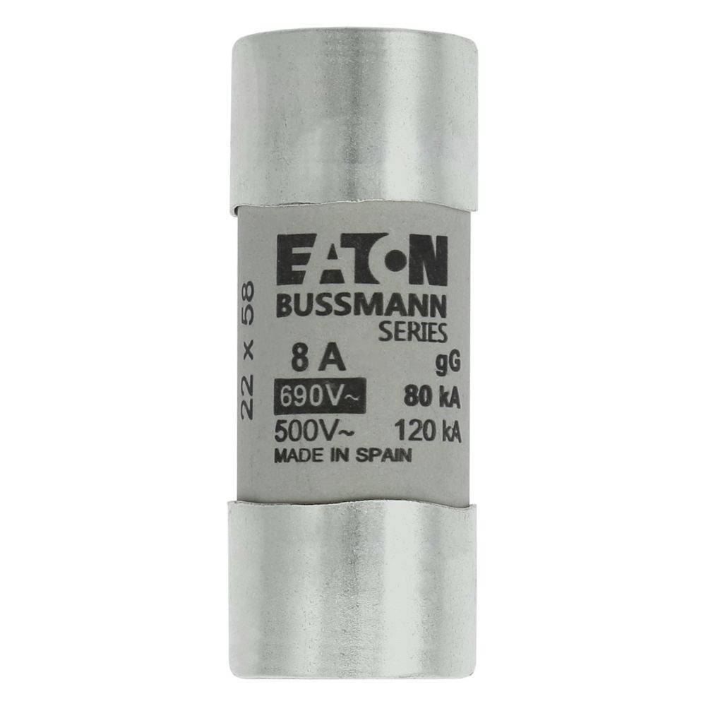Eaton Bussmann Serie Zylindersicherung, 8A, 690V, gG-Typ, graues Gehäuse mit metallischen Enden, 'MADE IN SPAIN' Text, Modell 22x58.