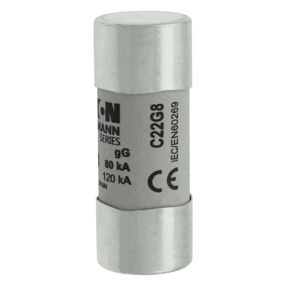 Silberne Zylindersicherung mit den Markierungen ‚Bussmann Series' und ‚C22G8 CE', ausgelegt für 80 kA bei 120 kA, entspricht der IEC 60269.