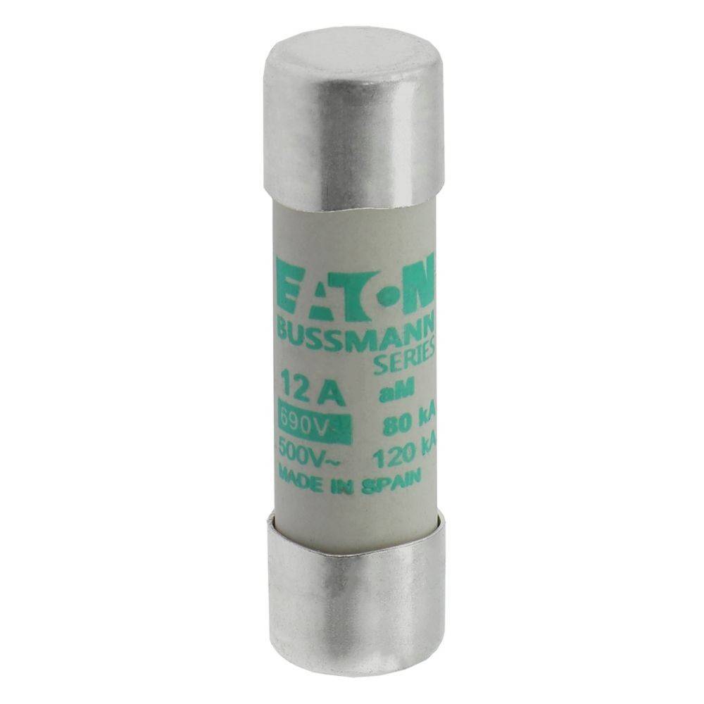 Eine Zylindersicherung mit metallischen Endstücken, gekennzeichnet mit ‚Eaton Bussmann Series', ausgelegt für ‚12A', ‚690V' und ‚500V~', ‚80kA', ‚120kA', hergestellt in Spanien.